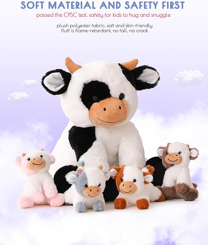 5 Pieces Cow Stuffed Animals for Boys Girls, 1 Mommy Cow with 4 Babies Soft Plush Toy Set Gifts for Kids Children 3 4 5 6 7 8 9 Years, Christmas, Birthday, Party Decorations