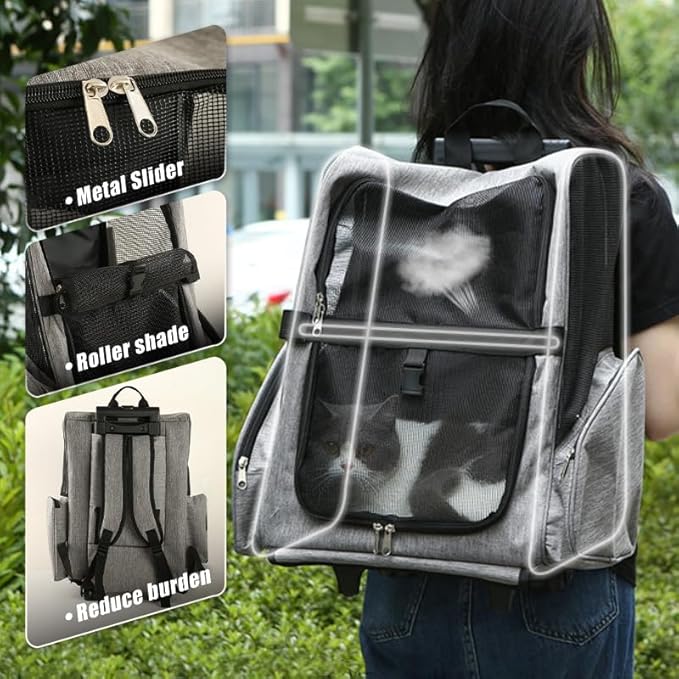 Pet Trolley Bag Cat Dog Travel Bag Portable & Breathable Pet Carrier Backpack - Lightweight Dual-Shoulder Design for Easy Travel with Your Beloved Companion Scalable Pull Rod pet Bag (Grey)