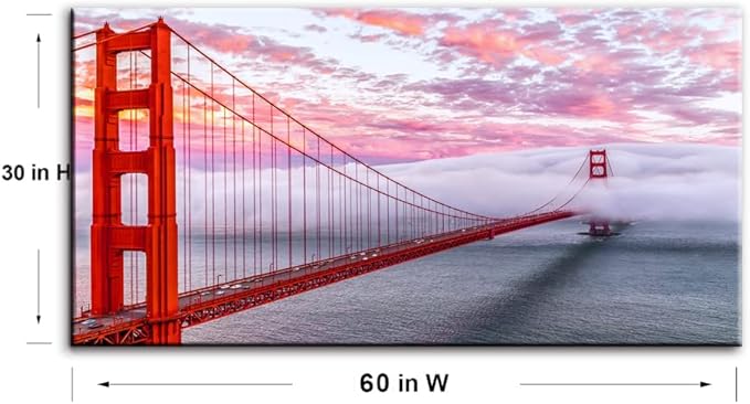 San Francisco Red Golden Gate Bridge At Dusk Canvas Wall Art For BedRoom,Modern Realism City Building Picture,Califonia Foggy Cityscape Painting Decor,Bracket Fixed Ready To Hang,Inner Frame (30x60)