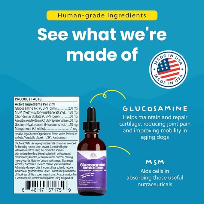 Liquid Glucosamine for Small Dogs, 260mg Glucosamine Liquid for Dogs Joint Supplement for Mobility & Comfort, Easy-to-Use Liquid MSM & Chondroitin, 2 oz