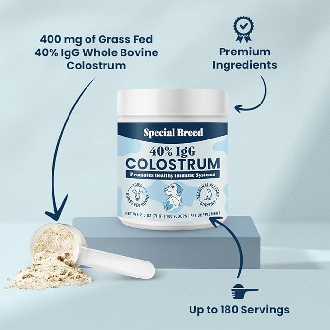 40% IgG Grass Fed Colostrum for Dogs, High IgG Third Party Tested, Immune Support, Skin & Gut Health, Seasonal Allergy & Itch Relief, Made in USA, 2.5 Oz