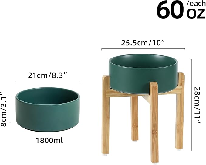 Ceramic Raised Dog Bowl Set, Elevated Dog Bowl with Stand, Food and Water Bowl for Large Breed Dogs, Weighted Dog Dishes, Pet Bowl(8.2'',60OZ, Green)
