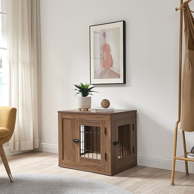 unipaws 25.5 Inch Furniture Style Dog Crate for Small Dogs, Cats, Min Pigs, Rabbit, Indoor Aesthetic Puppy Kennel, Modern Decorative Wood Wire Cage, Pretty Cute End Side Table Nightstand, Walnut