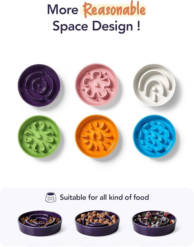 LE TAUCI Ceramic Slow Feeder Dog Bowls Small Breed, 0.6 Cups Dog Food Dish for Fast Eaters, Puzzle Bowl for Small Dogs and Cats,Purple