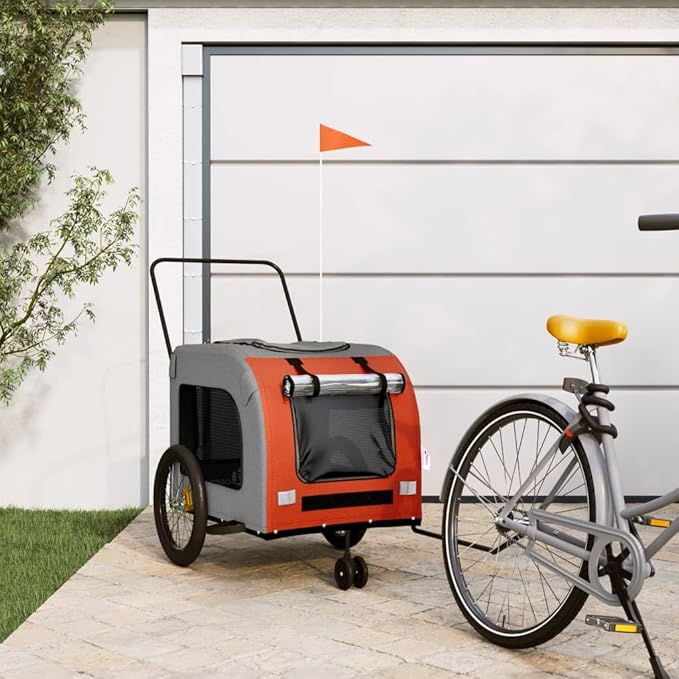 Tidyard Pet Bike Trailer Orange and Gray Oxford Fabric and Iron Pet Bicycle Carrier, Animal Bike Stroller for Cat, Puppy, Dog, Outdoor, Travel Style B