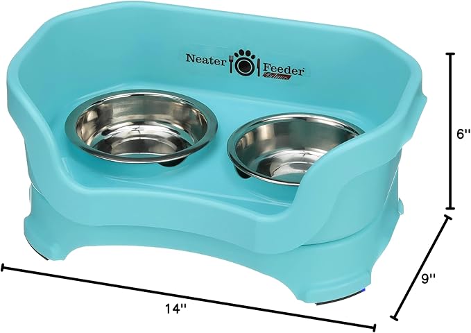 Neater Feeder Deluxe Mess Proof Cat Bowls Elevated for All Breeds – Made in USA – No Spill Raised Bowls for Indoor Cats – Stainless Steel Food and Water Bowl Set, Pet Dish Feeding Station, Aquamarine