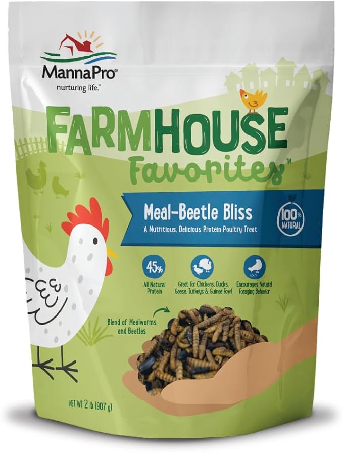 Manna Pro Farmhouse Favorites Beetle Bliss Poultry Treat – Blend of Mealworms and Beetles – All Natural Treat for Chickens, Ducks, Geese, Turkeys, & Guinea Fowl – 45% Protein – 2lb Bag