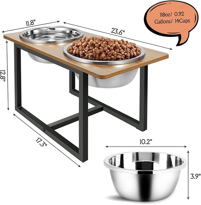 Elevated Dog Bowls for Large Dogs, Raised Dog Bowl Stand with Two X-Large Stainless Steel Bowls for Dogs, 3.5L Capacity, Rustic Walnut