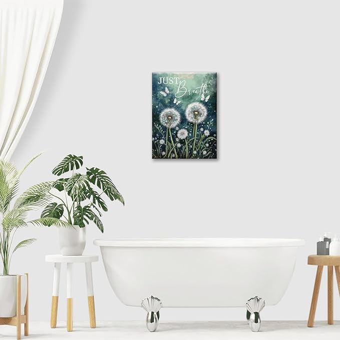 Dandelion Pictures Wall Art, Farmhouse Floral Bathroom Wall Decor, Rustic Inspirational Framed Painting Butterfly White Flower Canvas Artwork for Bathroom Bedroom Living Room Decorations 20"L x 16"W