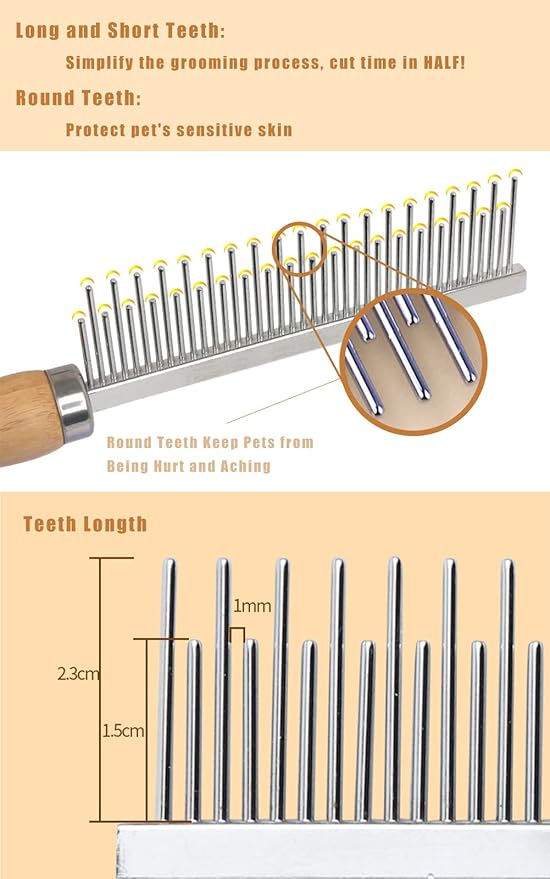 Dog Cat Grooming Comb with Wooden Handle Stainless Steel Teeth, Pet Grooming Supplies Accessories for Hairy Pets (Dual Teeth)