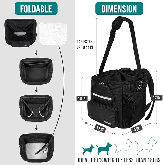 PetAmi Dog Bike Basket, Soft-Sided Ventilated Dog Bike Carrier Backpack, Pet Bicycle Basket for Bike Handlebar, Small Medium Puppy Cat Kitten Car Booster Seat with Safety Strap, Max 18 lbs, Black