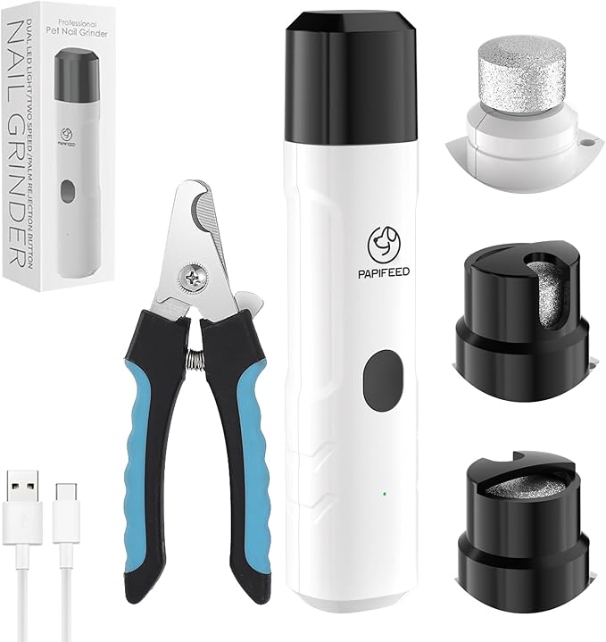 PAPIFEED Pet Nail Grinder for Dogs,3-Speed Rechargeable Dog Nail Trimmers and Professional Clippers,Paws Grooming Kit for Small Medium Large Dogs Cats - White