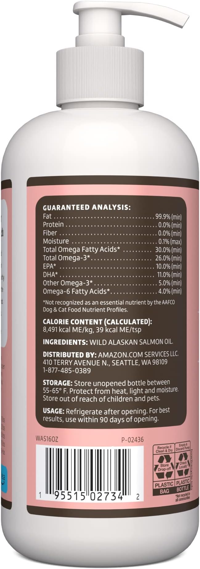 Amazon Brand - Wonder Bound Wild Alaskan Salmon Oil - Skin and Coat Support, Omega 3 Supplement for Dog and Cat , 16 fl oz