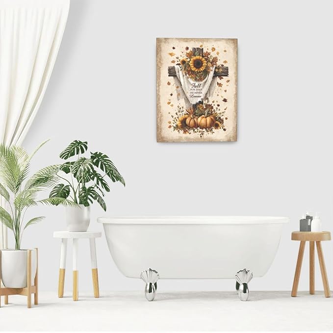 Christian Fall Wall Art Autumn Rustic Cross Sunflower Pumpkin Wall Decor Fall for Jesus He Never Leaves Pictures Painting Print Framed Artwork Decorations Gifts for Living Room Bedroom Prayer Room Office 16"x20"
