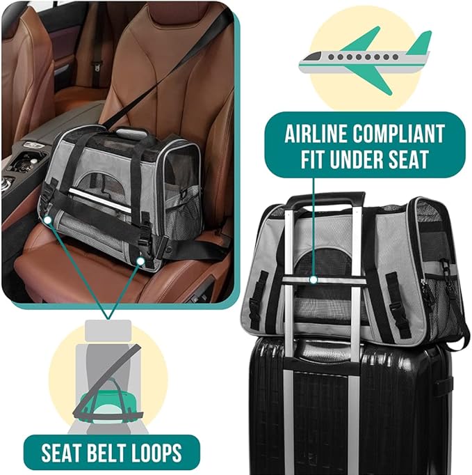 PetAmi Airline Approved Pet Carrier for Cat, Soft Sided Dog Carrier for Small Dogs, Cat Travel Supplies Accessories for Indoor Cats, Ventilated Pet Carrying Bag Medium Large Kitten Puppy, Large Gray
