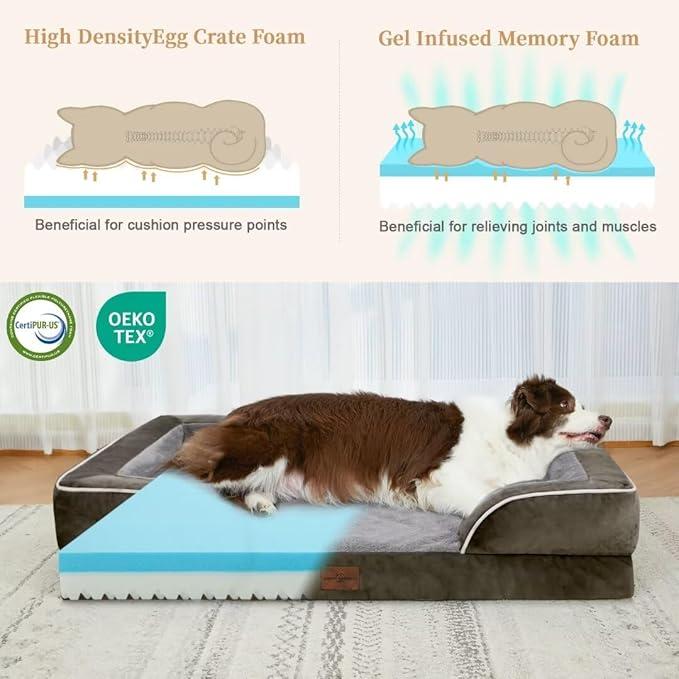 Comfort Expression Orthopedic Memory Foam Dog Beds, Waterproof Dog Beds Large Sized, Washable Dogs Beds with Removable Cover, Pet Sofa Couch with Bolster(Large,Olive Green)
