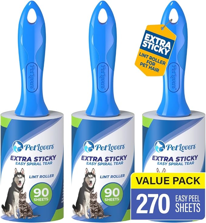 PetLovers Extra Sticky Lint Roller Value Set 270 Sheets for Pet Hair Removal and Clothes, Dog and Cat Lint Remover, 3 Pack