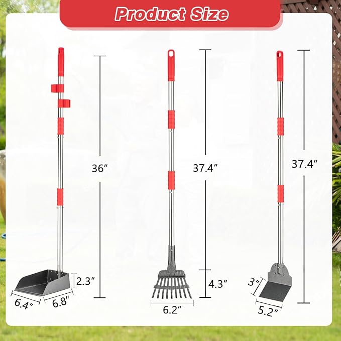 Pooper Scooper, Long Handle Dog Pooper Scooper, Heavy Duty Stainless Steel Rake with Tray & Spade Set for Pet Waste Removal, for Grass, Dirt or Gravel