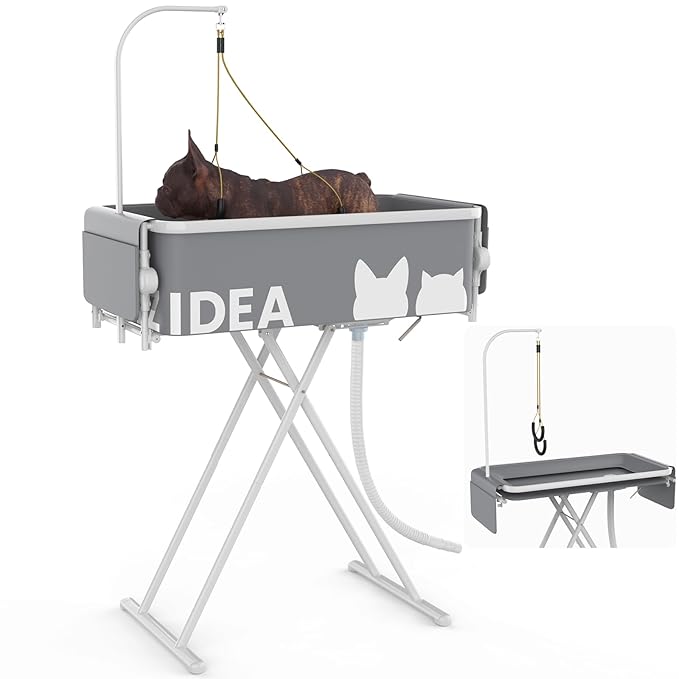 PAWZIDEA 2-in-1 Portable Dog Bathtub & Grooming Table, 33" Foldable Pet Washing Station for Small Medium Dogs Cats, Elevated Tubs for Bathing Shower Indoor Outdoor, 5 Height Adjustable, Storage Pocket