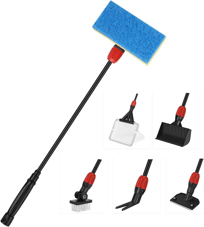 hygger Multi-Use Fish Tank Cleaner, 6 in 1 Aquarium Cleaning Tools Kit with 17.7 Inches Long Handle Algae Scraper Sponge Scrubber Firm Scrub Brush Fish Net Gravel Rake for Acrylic & Glass Tank