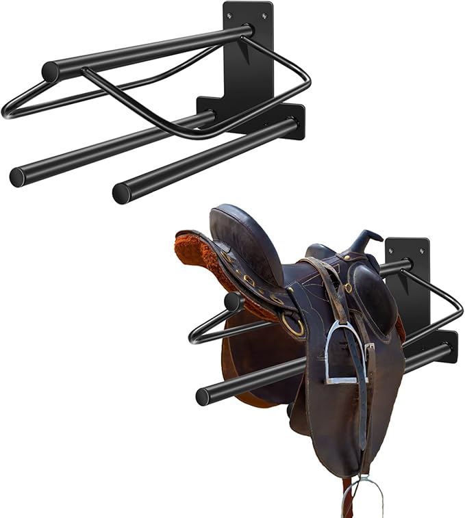 2Pcs Saddle Rack with Double Pad Bar,Heavy Duty Wall Mounted Saddle Rack Stand Saddle Pad Rack for English and Western Saddles,23.8x12.6x7.5 Inches