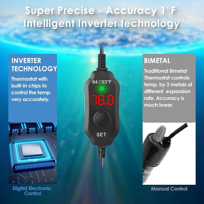 Super Compact 50W Fish Tank Heater, Submersible Aquarium Heater with LED Digital Display Thermostat, Adjustable Fish Heater for 5-10 Gallon Tanks