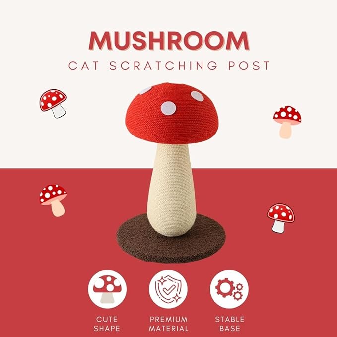 Mushroom Cat Scratching Post - Unique Design, Sisal-Wrapped, Ideal for Medium and Small Cat, Cat Scratcher Cute with 100% Sisal Covered Scratching Post, Mushroom Cat Post for Indoor Cats