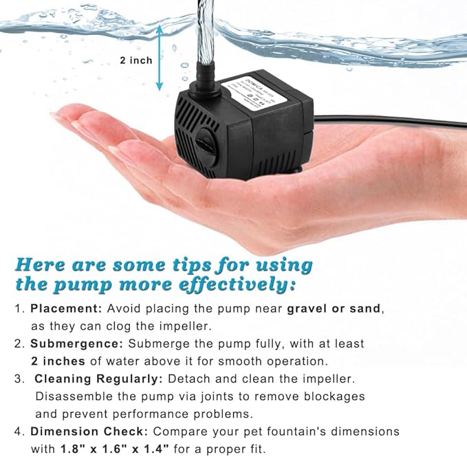 90 GPH Mini Submersible Pump, Small Fountain Pump (5W 350L/H) for water feature, Aquariums, Fish Tank, Tabletop Fountain, Pet Fountain, Indoor or Outdoor Pond Fountain