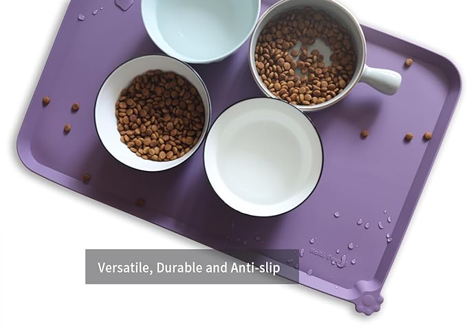 Hoki Found L Silicone Pet Food Mats Tray with Higher Lips- Non Slip Dog Cat Bowl Mats Placemat - Pet Feeding Mat - Waterproof Dog Cat Food Mats -Pet Water Mats for Carpet -Amethyst