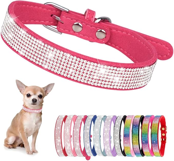 Rhinestone Dog Collar for Small Dogs, Bling Diamond Fancy Crystal Glitter Pretty Jewel Pet Puppy Collars for XXS XS Small Medium Large Breed Girl Dogs Female Cats Kitten, Hot Pink L