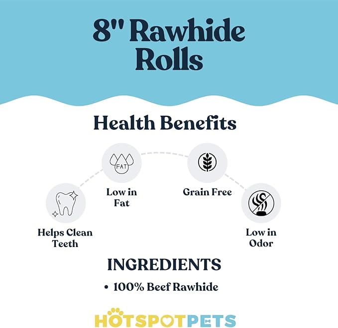 hotspot pets 8-9 Inch Large Rawhide Dog Chew Rolls (20 Pack) - Made from Grass Fed Cows - Great for Dental & Oral Care for Aggressive Chewers Large Dogs, Single Ingredient Treat