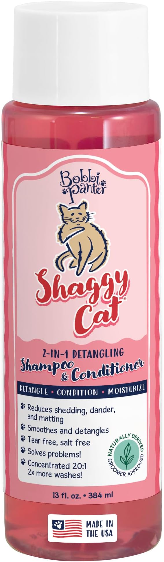 Bobbi Panter Cat Shampoo and Conditioner - Made in USA - All Natural 2-in-1 Formula for Reducing Shedding, Dander, Matting - Concentrated 10:1 for Professional Groomers - Watermelon Scent, 13 Oz