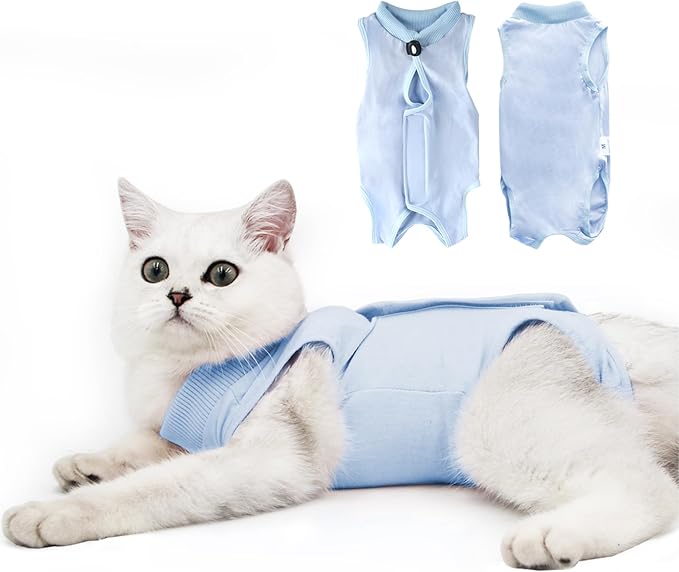 Cat Recovery Suit for Male and Female Surgical Post Surgery Soft Cone Onesie Shirt Clothes Neuter Licking Protective Diapers Outfit Cover Kitten Spay Collar(L, Blue)