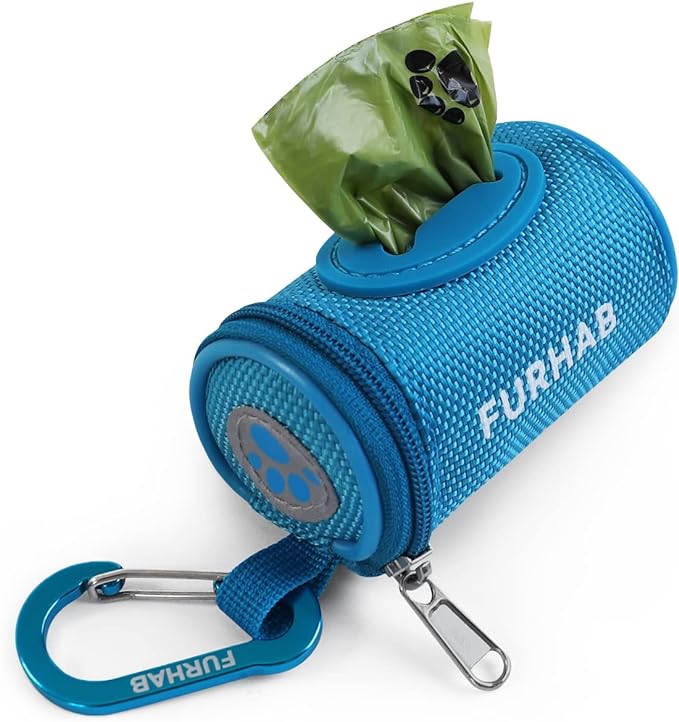 Dog Poop Bag Holder for Leash Doggie Waste Bag Dispenser Soft Fabric Puppy Potty Carrier Small Doggy Zipper Pouch with Carabiner Clip 1680D Nylon Oxford with 1 Roll of Pet Trash Bags, Sky Blue