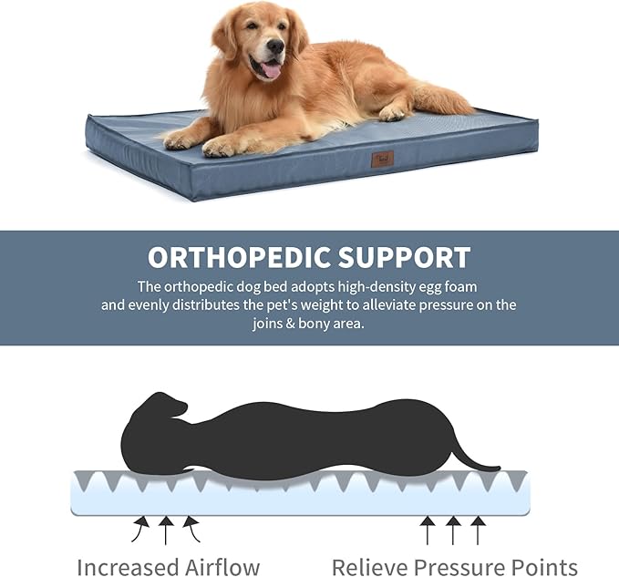 Outdoor Extra Large Dog Bed, Jumbo Waterproof Dog Bed for Large Dogs, Orthopedic Egg Foam Pet Bed Mat with Removable Oxford Cooling Cover, Blue