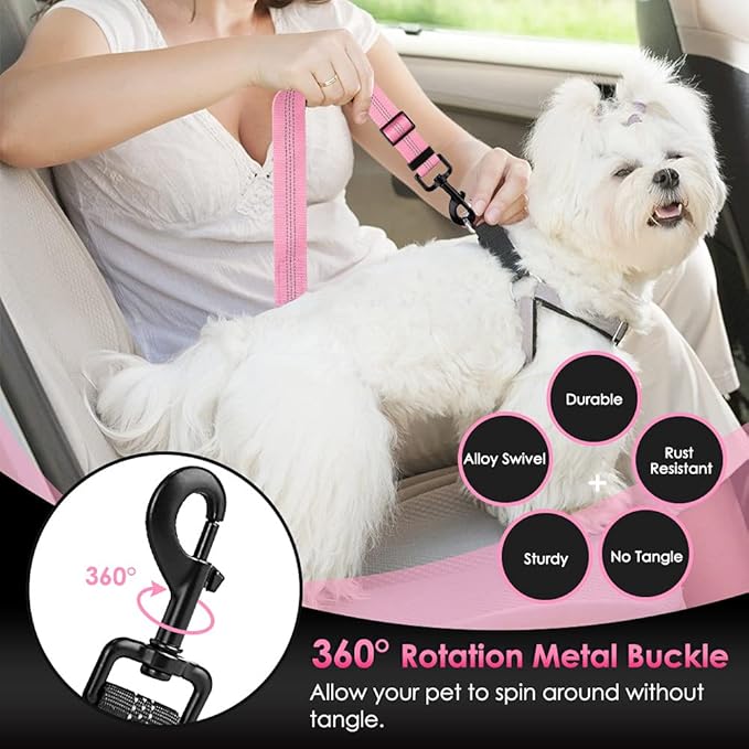 SlowTon Dog Seat Belt, Adjustable Dog Safety Belt Leash, 2 in 1 Latch Bar Attachment Dog Car Seatbelt with Elastic Nylon Bungee Buffer, Reflective Nylon Belt Tether Connect to Dog Harness (Pink)