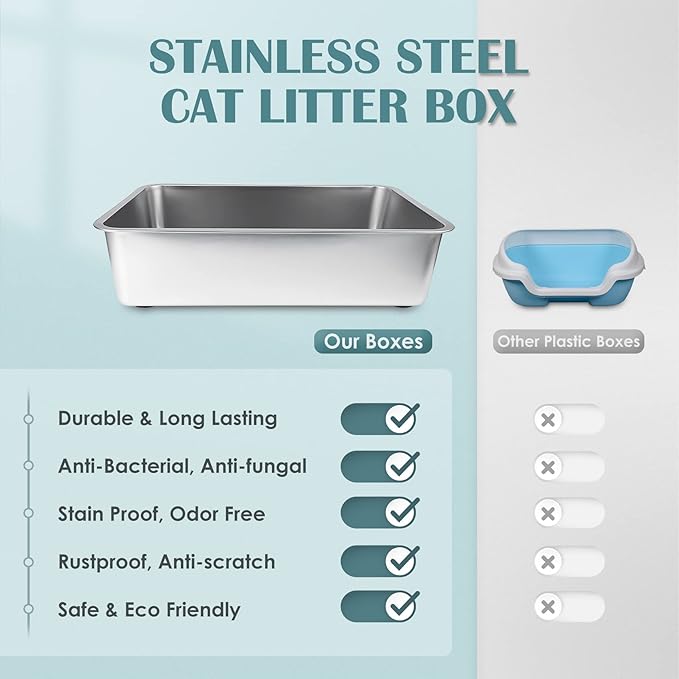 IKITCHEN Stainless Steel Cat Litter Box, Large Metal Litter Pan for Cats, Kitty Litter Box Never Absorbs Odors, Low Side Entry Non Stick, Easy Clean 17.5 x 13.5 x 4 inches