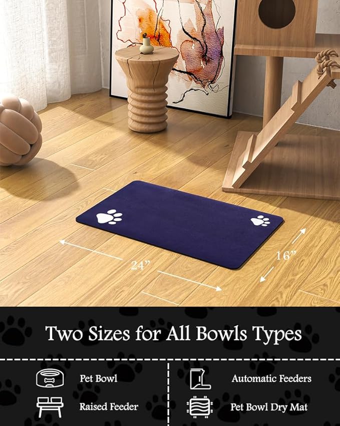 Pet Feeding Mat-Absorbent Dog Mat for Food and Water Bowl-No Stains Quick Dry Water Dispenser Mat-Dog Accessories Pet Supplies-Bowl for Messy Drinkers（Navy,16"x24"