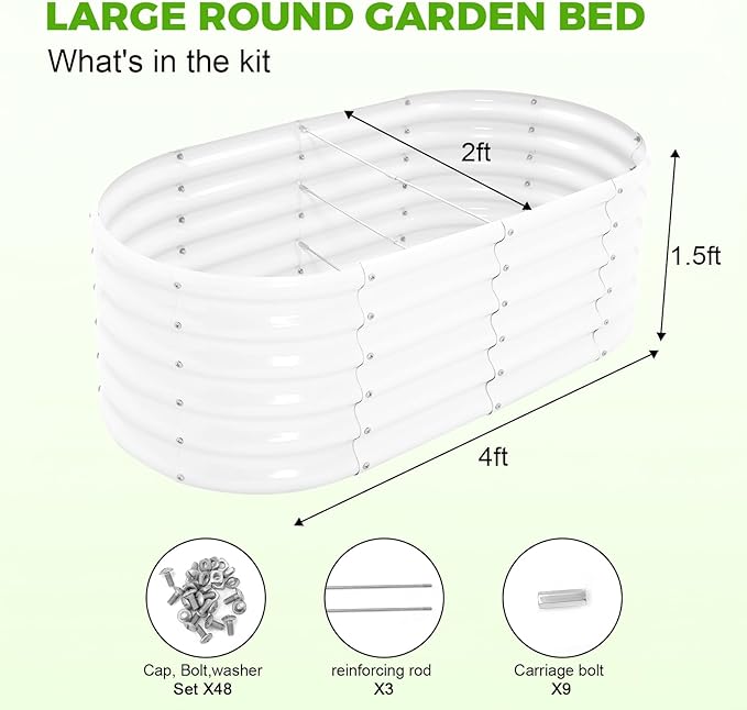 Land Guard 18“ Tall 4×2ft Galvanized Raised Garden Bed Kit, Galvanized Planter Garden Boxes Outdoor, Oval Large Metal Raised Garden Bed for Vegetables……… (Pearl White, 4×2×1.5ft)