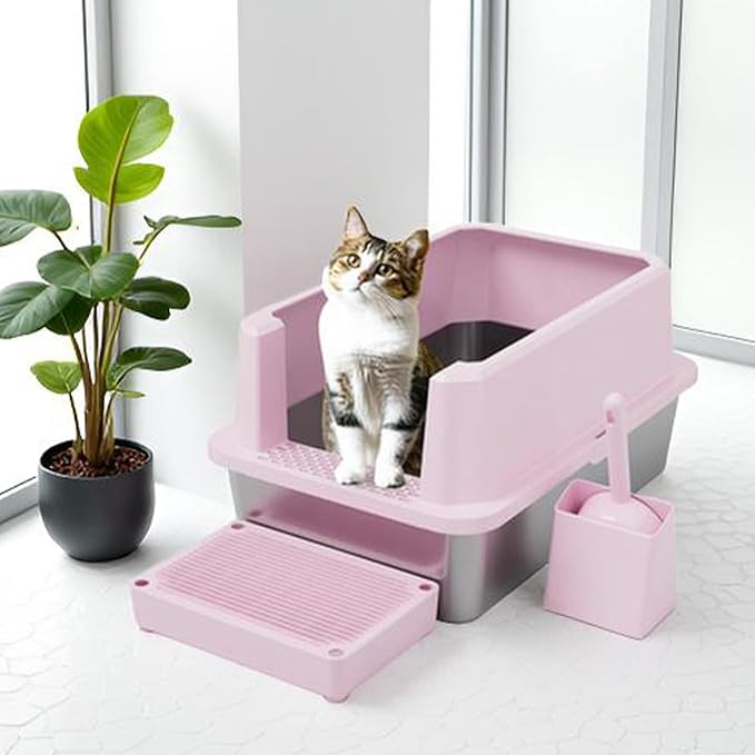 RIZZARI Stainless Steel Cat Litter Box, Semi-Closed Litter Box with High Edges, Large Odorless Litter Pan with for Small to Large Cats (Pink with Deodorizer, 2 Pack)