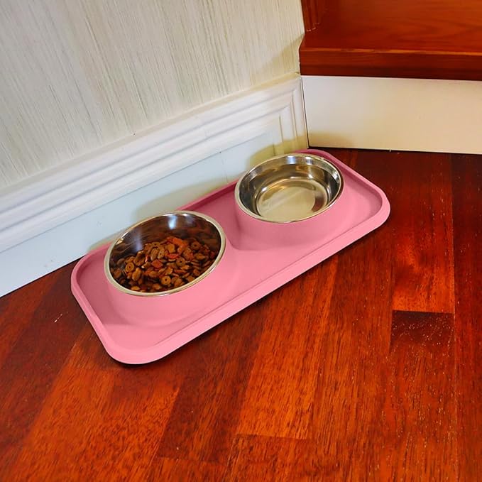 Cat Food Bowls, Cat Bowls Non-Skid and Non-Spill Silicone Pads with PP Stand, Removable Stainless Steel Food and Water Dishes for Cats, Small Size Dogs