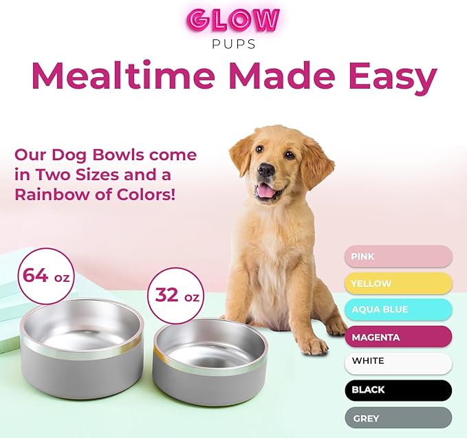 Grey Dog Double Wall Stainless Steel Pet Bowl, Vacuum Insulated, Non Skid, 64 oz