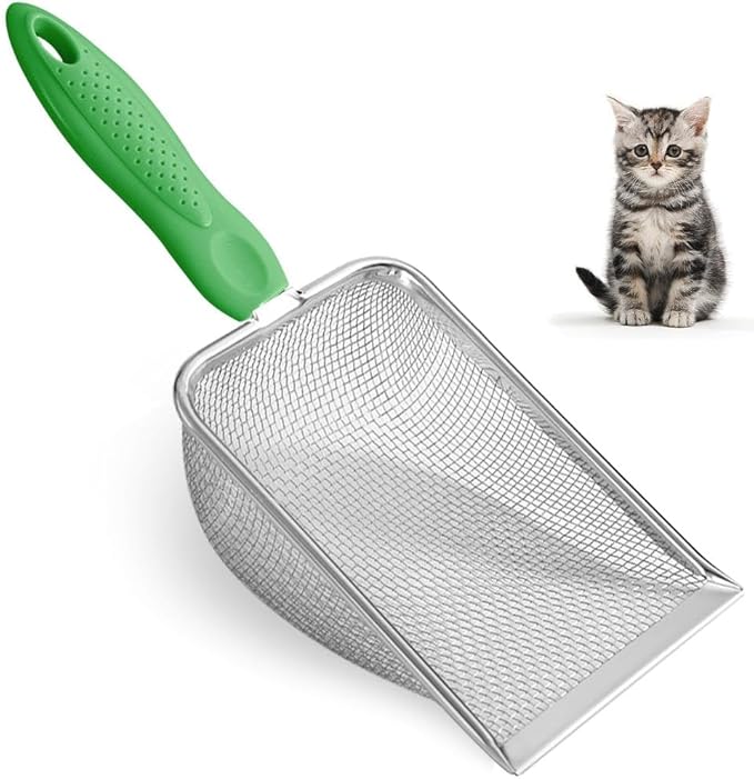 Metal Cat Litter Scoop,Sturdy Litter Cleaner Corner Shovel,Stainless Steel Mesh Litter Shovel,Easy to Clean Reptile Terrarium Sand Waste(Green)