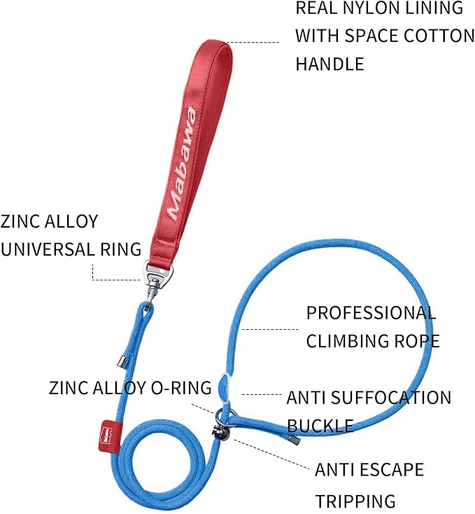 Dog Anti-Slip Leash 5FT with Metal Stopper - Durable No-Pull Training Lead for Small, Medium & Large Dogs - Comfortable Handle Nylon Rope, Tangle-Free Pet Walking Leash (Blue, 5 FT)