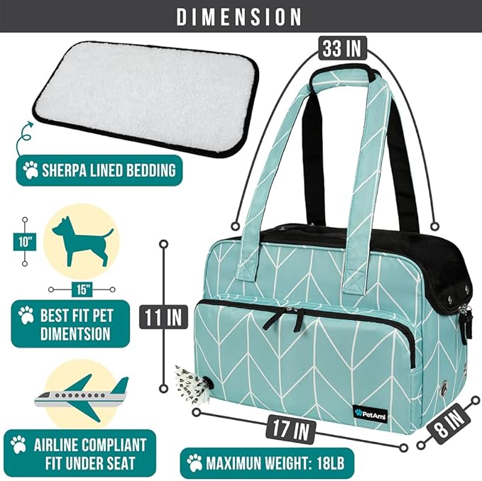 PetAmi Small Dog Purse Carrier, Soft-Sided Pet Carrier Bag with Pockets, Portable Puppy Cat Travel Handbag Tote, Airline Approved Breathable Mesh, Poop Bag Dispenser, Max 18 lbs, Chevron Teal