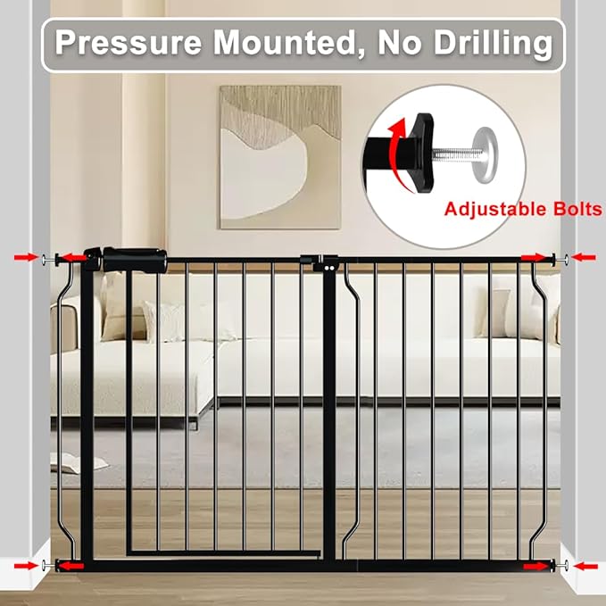 Fairy Baby Walk Through Baby Gate 34-38.5 Inch Wide, Pressure Mounted Safety Gate with Door No Drill, Tension Metal Gate for Dog and Toddler, Black