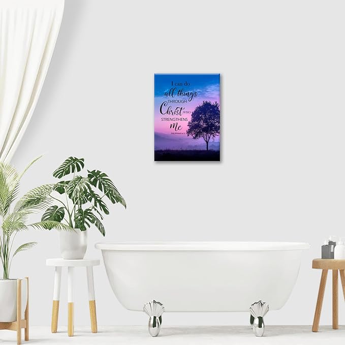 Christian Tree Wall Art I Can Do All Things Canvas Wall Decor Prints Framed Painting Purple Pictures Gifts Artwork for Bathroom Bedroom 16"x20"