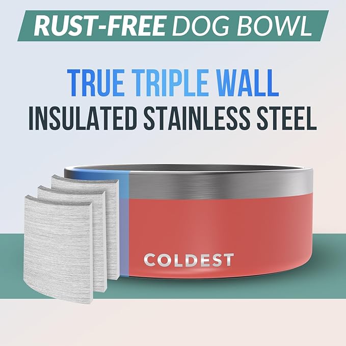 Coldest Dog Bowl - Anti Rust Metal, Non Slip, 3 Layers Insulated Stainless Steel Dog Bowls - Spill Proof & Heavy Duty - Water Bowl for Dogs, Cats & Pets, Dish Washer Safe (64 oz, Crimson Red)