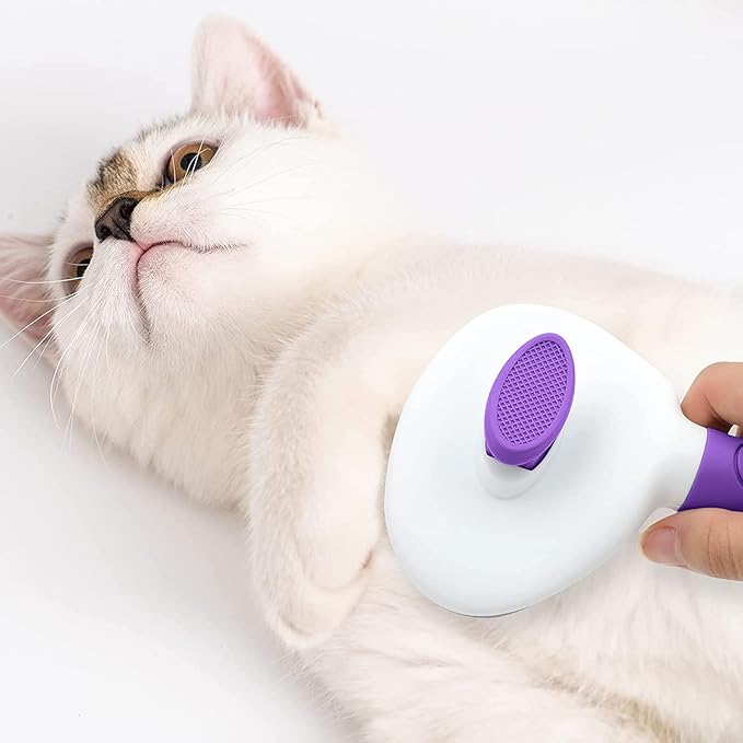 Cat Brush for Shedding, Cat Hair Brush with Release Button for Indoor Cats Dogs Self Cleaning Grooming(Purple)