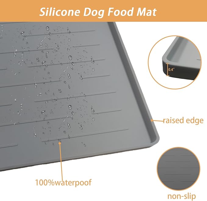 24" x 16" Dog Food Mat, Silicone Pet Mats for Food and Water, Nonslip Pet Feeding Mats for Floors, Dog Cat Bowl Mat with Raised Edges, Beige
